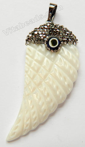 White Shell Pendant  -  Carved Wing   w/ Crystal Paved Bail