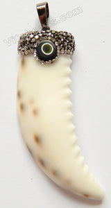 White Shell Pendant  -  Tooth Wing   w/ Crystal Paved Bail