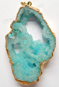 Druzy Crystal Hollow Pendant - Aqua - 09 w/ Gold Edge &. Bail