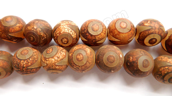 Frosted Tibetan Agate Eye Design  -  Smooth Round Beads  16"
