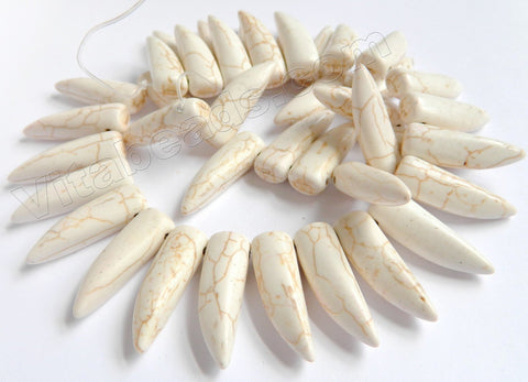 Cream White Cracked Turquoise  -  Smooth Long Tooth Beads Top Drilled  16"