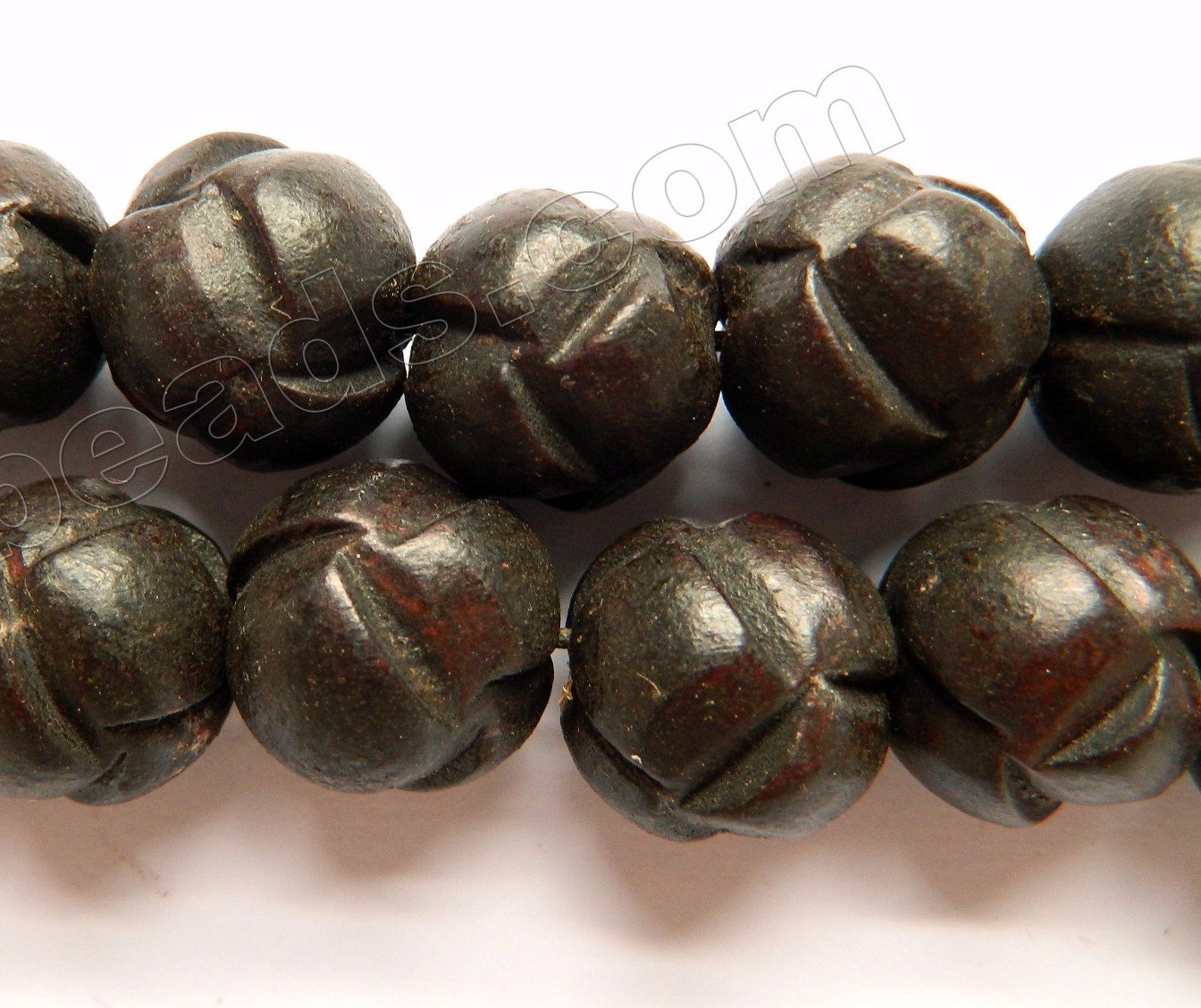 Ebony Carved Box Round Beads  -  Dark Brown