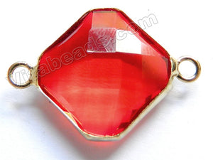 Bright Red Crystal  -  Gold Trim Faceted Diamond Connector