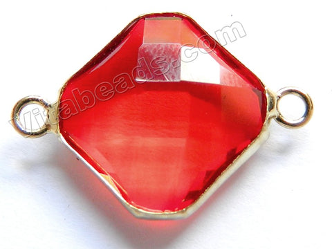 Bright Red Crystal  -  Gold Trim Faceted Diamond Connector