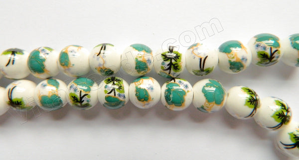 Porcelain Beads - White w/ Green Flora Beads  13" Smooth Round