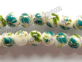 Porcelain Beads - White w/ Green Flora Beads  13" Smooth Round