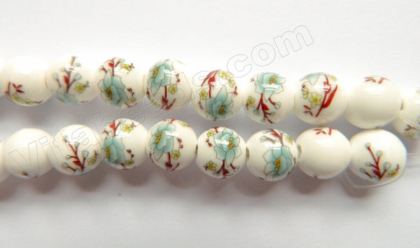 Porcelain Beads - White w/ Light Green Flora Beads  13"   10 mm Smooth Round Beads