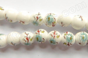 Porcelain Beads - White w/ Light Green Flora Beads  13"   10 mm Smooth Round Beads