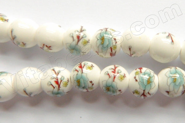 Porcelain Beads - White w/ Light Green Flora Beads  13"   10 mm Smooth Round Beads