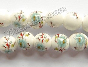 Porcelain Beads - White w/ Light Green Flora Beads  13"   10 mm Smooth Round Beads