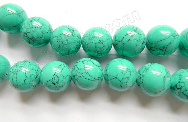 Synthetic Green Turquoise w/ Black Matrix  -  Smooth Round Beads  16"