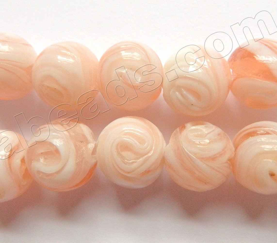 Peach White Mixed Glass Beads  -  Carved Rose Swirl Round  11"     14 mm