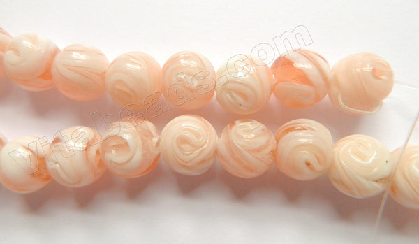 Peach White Mixed Glass Beads  -  Carved Rose Swirl Round  11"     14 mm