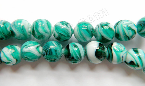 Emerald White Mixed Glass Beads  -  Carved Rose Swirl Round  11"     14 mm