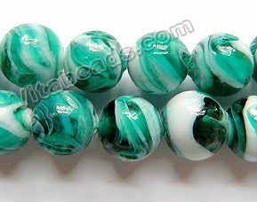 Emerald White Mixed Glass Beads  -  Carved Rose Swirl Round  11"     14 mm