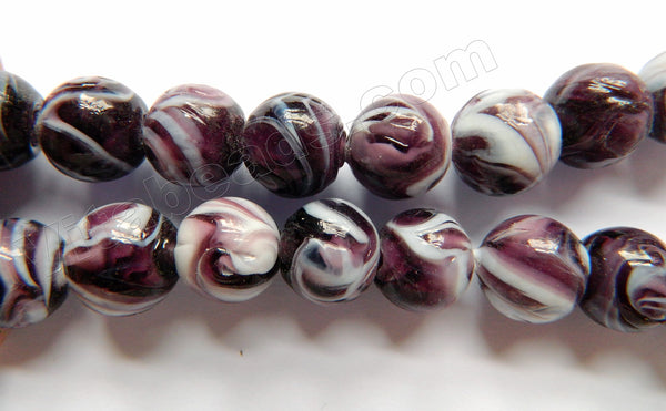 Red Fluorite White Mixed Glass Beads  -  Carved Rose Swirl Round  11"     14 mm