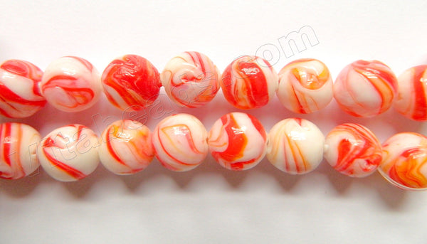 Orange White Mixed Glass Beads  -  Carved Rose Swirl Round  11"     14 mm