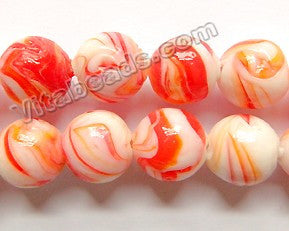 Orange White Mixed Glass Beads  -  Carved Rose Swirl Round  11"     14 mm
