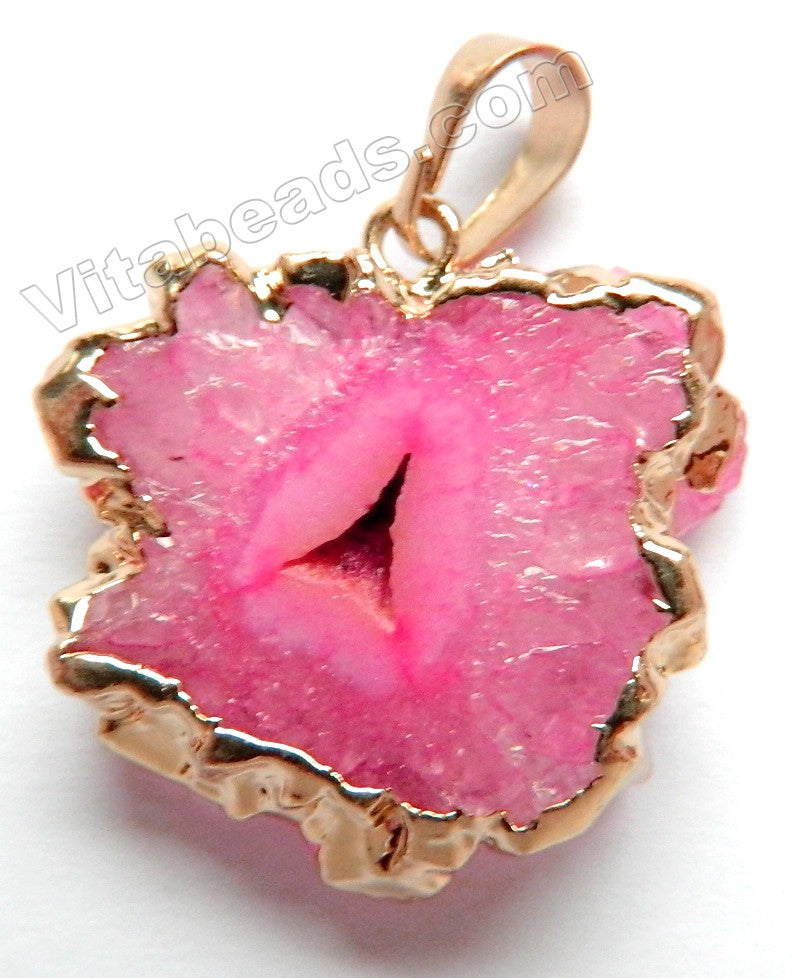 Druzy Crystal Flower Pendant - Fuchsia - 03 w/ Gold Edge