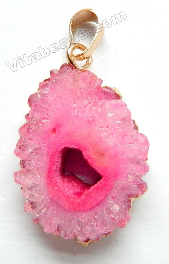 Druzy Crystal Flower Pendant - Fuchsia - 05 w/ Gold Edge