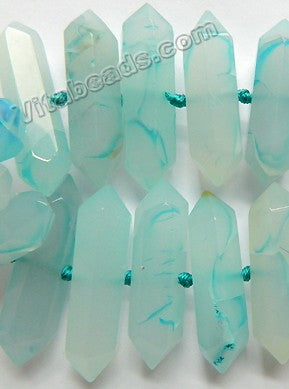 Light Aqua Chalcedony Agate  -  Graduated Mid-drilled 6 Side Long Prisms  16"