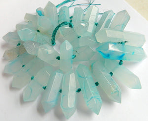 Light Aqua Chalcedony Agate  -  Graduated Mid-drilled 6 Side Long Prisms  16"