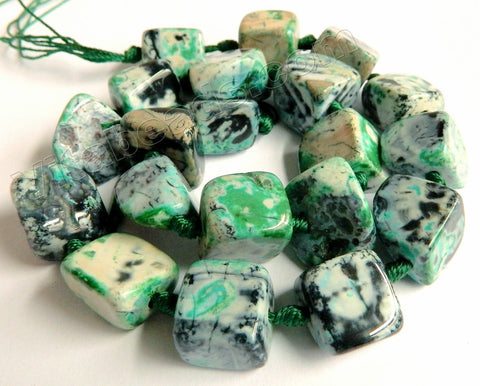Green Black White Fire Agate  -  Irregular Smooth Cube Nuggets 16"