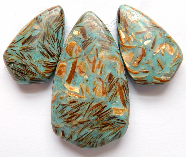 Cyan Impression Prase Jasper   3 pieces Smooth Slab Teardrop Pendant Set