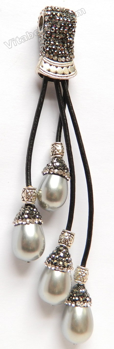 Tassel Pendant w/ Marcasite w/ Silver Bail  -  Grey Shell Pearl Drops     12 x 20 mm Grey Shell Pearl Drop