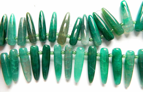 Green Fire Agate  -  Top Drilled Smooth Long Tooth  15"    10 x 35 mm