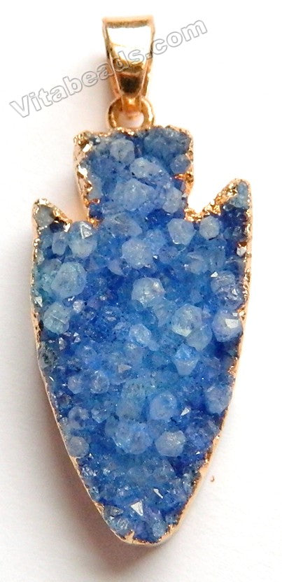 Druzy Crystal Arrowhead Pendant - Sapphire Blue w/ Gold Edge &. Bail