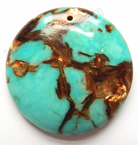 Pendant - Smooth Round Bronzite Turquoise - 40mm Top Center Drilled