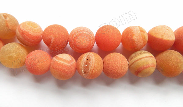 Frosted Orange Agate w/ Druzy Crystal  -  Smooth Round Beads  16"