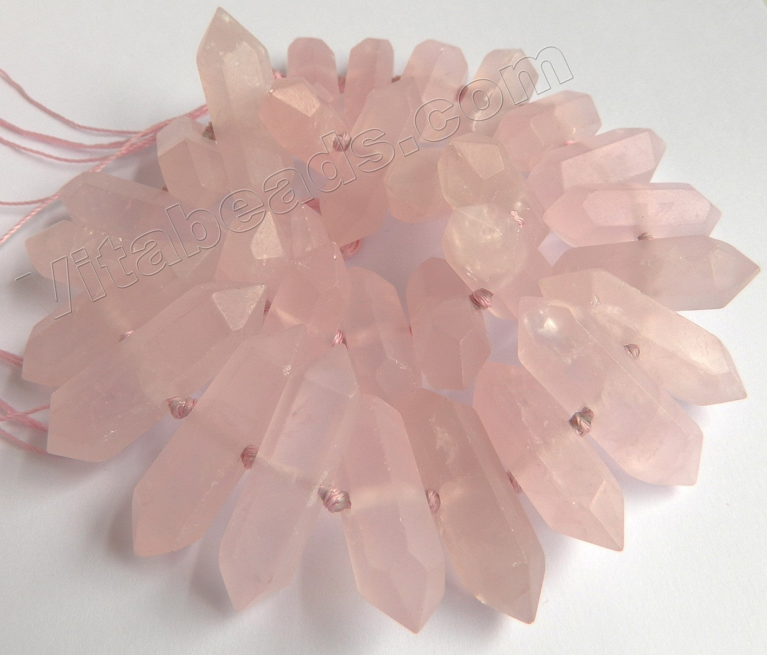 Frosted Rose Quartz Natural AA  -  Graduated Mid-drilled 6 Side Long Prisms  16"    10 x 25 - 40 mm