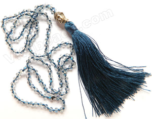 Long Chained Tassel Necklace w/ Silver Buddha Head Navy Blue Color