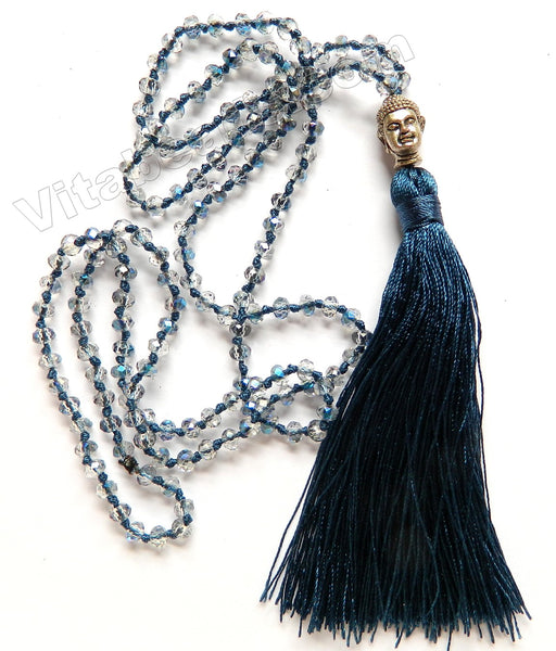 Long Chained Tassel Necklace w/ Silver Buddha Head Navy Blue Color