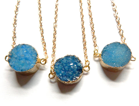 Druzy Crystal Coin Pendant w/ Gold Chain 19"