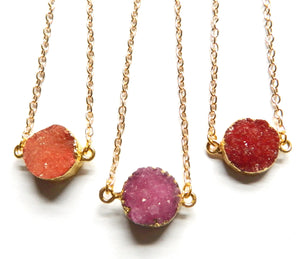 Druzy Crystal Coin Pendant w/ Gold Chain 19"