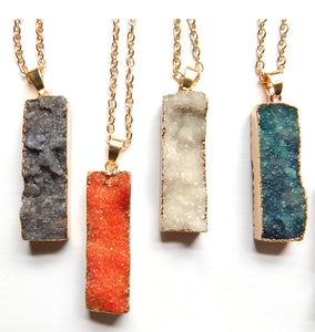 Druzy Crystal Long Rectangle Pendant w/ Gold Chain 19"
