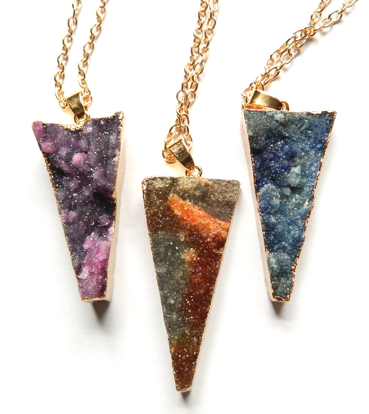 Druzy Crystal Triangle Pendant w/ Gold Chain 19"