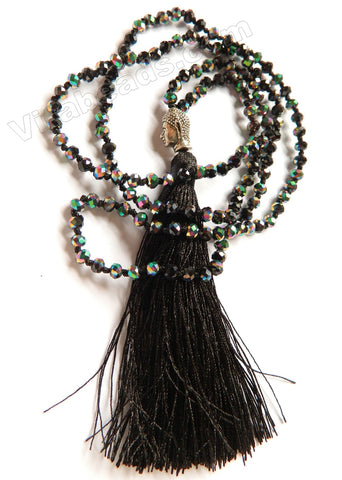 Long Chained Tassel Necklace w/ Silver Buddha Head Black Color