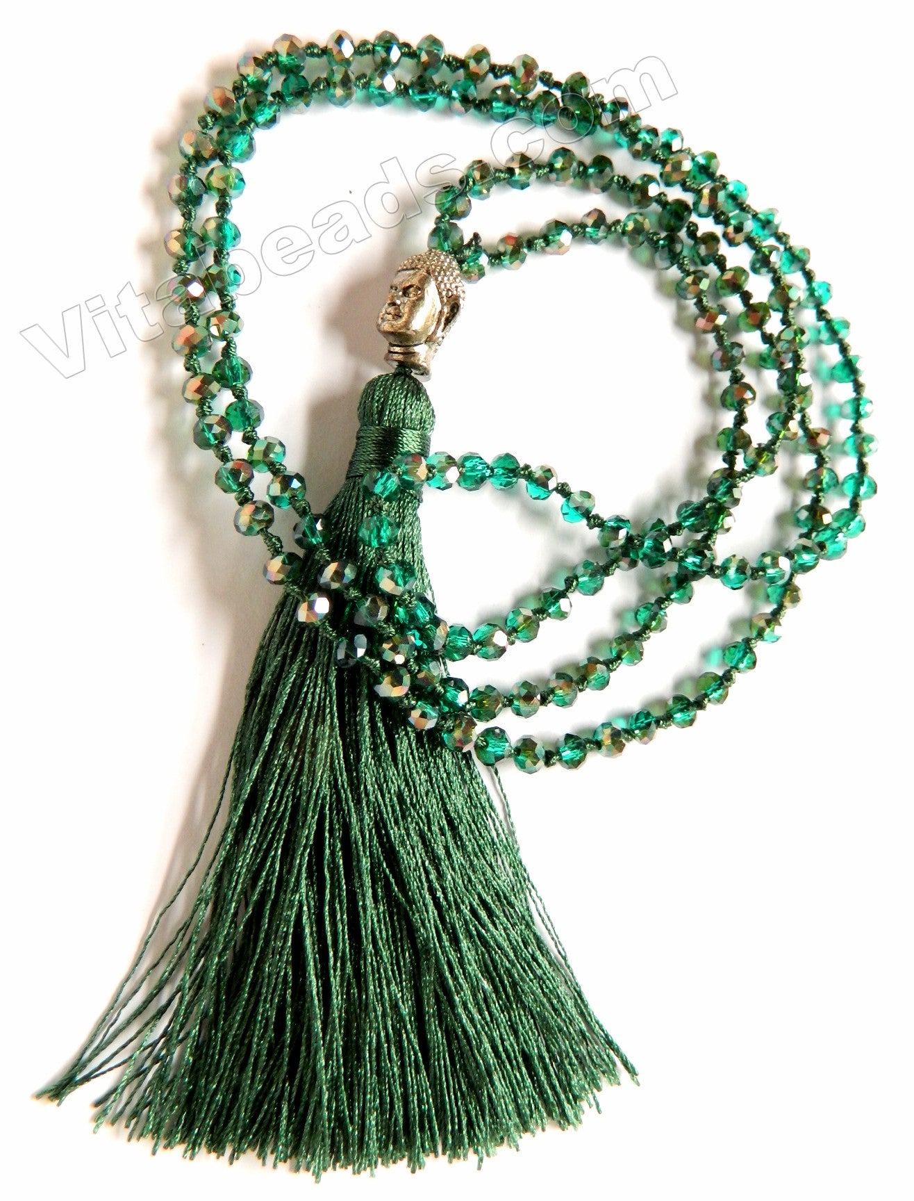 Long Chained Tassel Necklace w/ Silver Buddha Head Dark Green