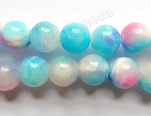 Aqua Purple White Candy Jade  -  Smooth Round Beads  16"