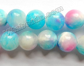 Aqua Purple White Candy Jade  -  Smooth Round Beads  16"