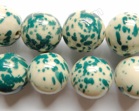 White Porcelain w/ Painted Turquoise Spot -   Big Round Beads  16"