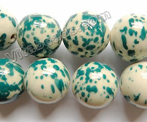 White Porcelain w/ Painted Turquoise Spot -   Big Round Beads  16"