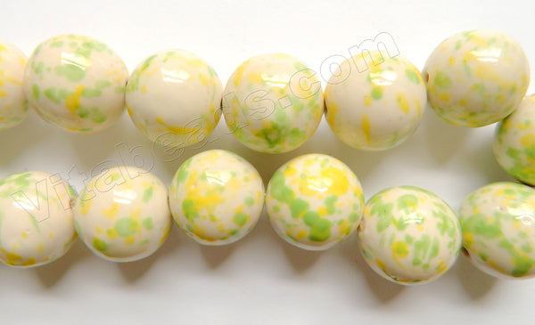 White Porcelain w/ Painted Green Yellow Spot -   Big Round Beads  16"
