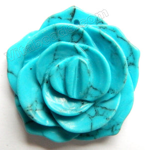 Deep Blue Turquoise w Blk Matrix Hand Carved Rose Flower Pendant
