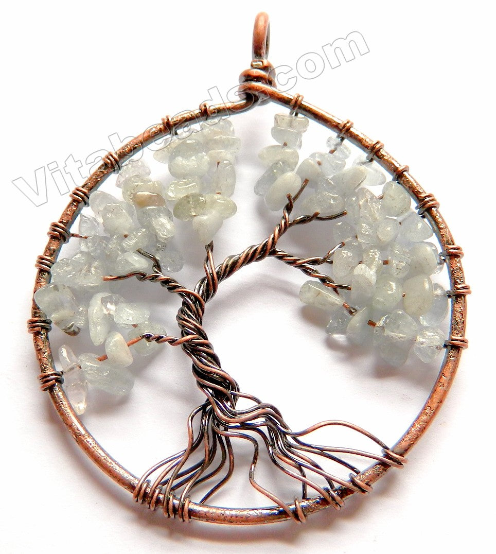 Aquamarine - Copper Wired Tree Round Pendant