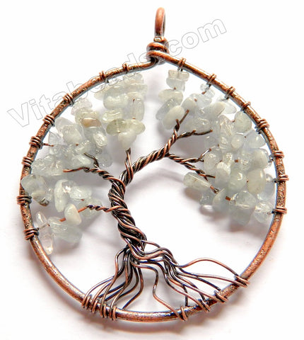 Aquamarine - Copper Wired Tree Round Pendant